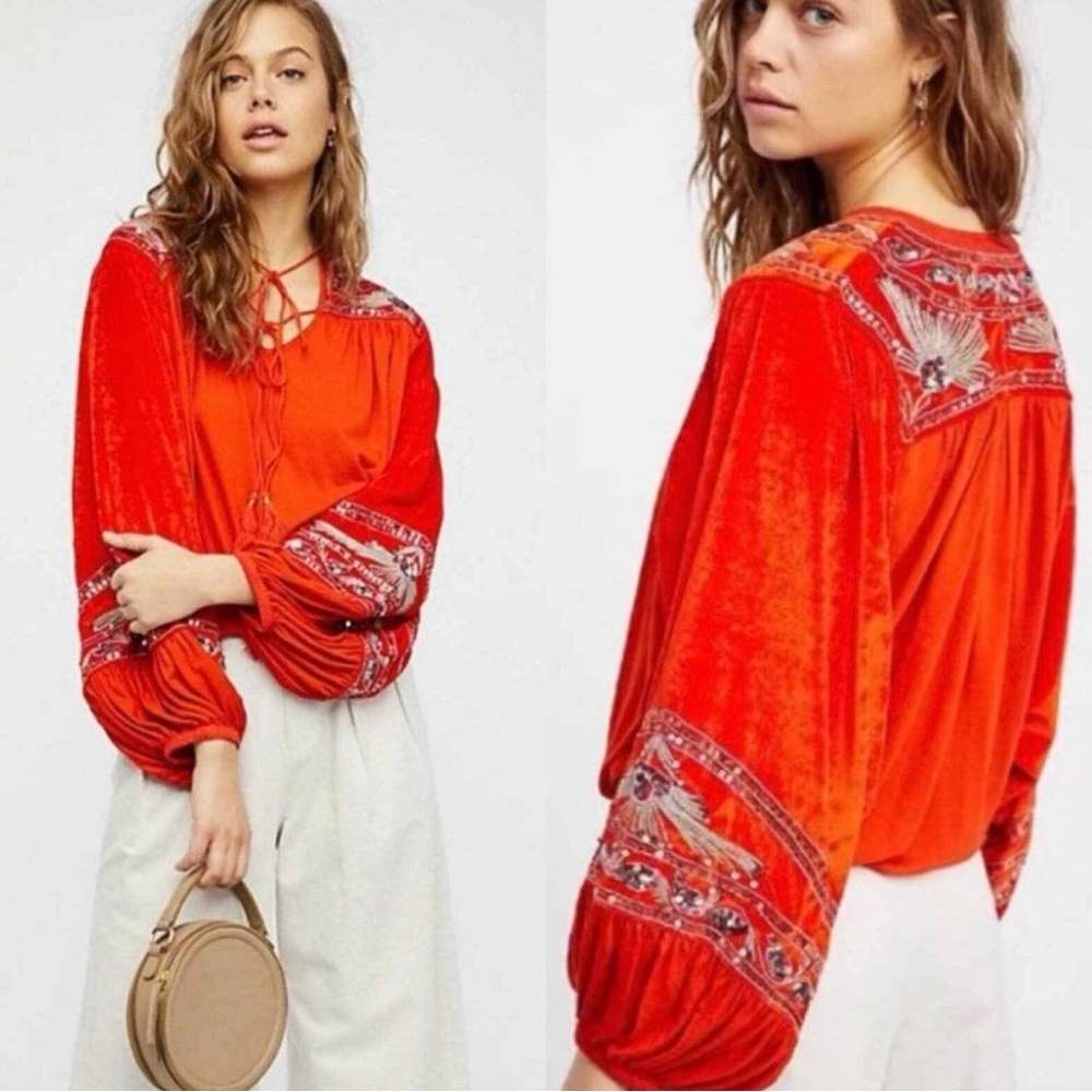FREE PEOPLE Hearts Aflame Embellished Velour Beaded Embroidered Top size XS/S
